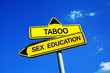Taboo vs Sex Education - Traffic sign with two options - school and lessons for teenagers and adolescents about sex: safe sex, birth control, contraception, sex positions and pleasure