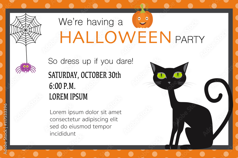 Halloween party invitation cards spider web and black cat illust Stock ...