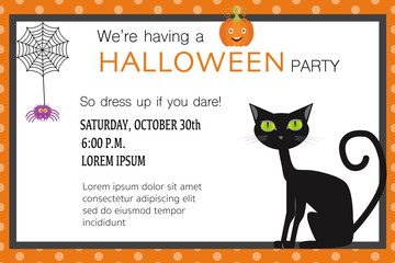 Halloween party invitation cards spider web and black cat illust