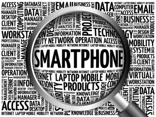 Poster - Smartphone word cloud with magnifying glass, business concept 3D illustration