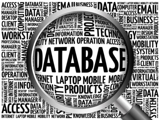 Aufkleber - Database word cloud with magnifying glass, business concept 3D illustration