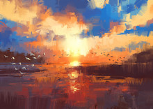 Beautiful Painting Showing Sunset On The Lake,illustration