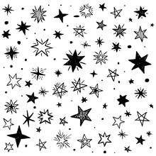 Seamless Pattern With Handdrawn Stars And Moons. Doodle Vector Illustration.