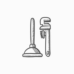 Sticker - Pipe wrenches and plunger sketch icon.