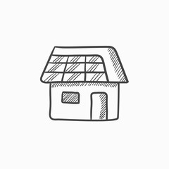 Sticker - House with solar panel sketch icon.