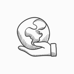 Sticker - Hand holding the Earth sketch icon.