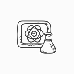 Sticker - Atom sign drawn on board and flask sketch icon