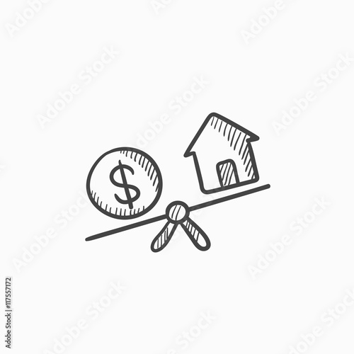 Fotografie, Obraz House and dollar symbol on scales sketch icon.