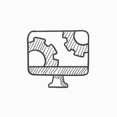 Poster - computer monitor with gears sketch icon.
