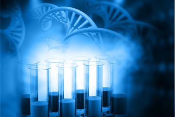 Wall Mural - Lab, chemistry, DNA structure, on blue background. 3d illustration biochemistry concept .
