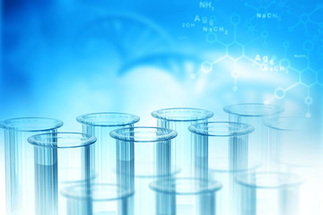 Wall Mural - Lab, chemistry, DNA structure, on blue background. 3d illustration biochemistry concept .