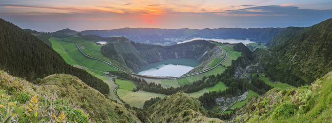 Wall Mural - mountain landscape with hiking trail and view of beautiful lakes, ponta delgada, sao miguel island, 