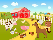 Cartoon Farm Scene Illustration With Domestic Birds, Animals, Farmhouse, Tractor