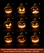 Dark Jack O Lantern Cartoon - 9 Vampire Expressions Set

Each Expression On Separate Layer. Pumpkin, Eyes, Mouth, Glow And Floor Glow On Separate Groups.