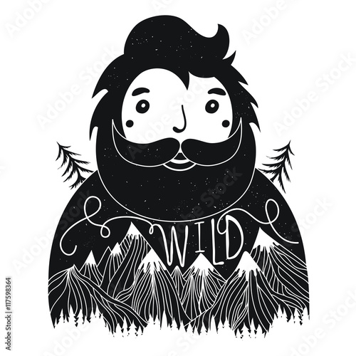 Fotografie, Obraz Vector hand drawn typography poster with bearded man, trees, mountains and word