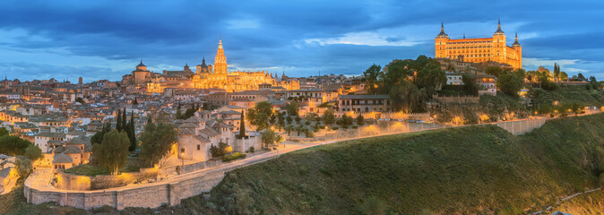 Panoramic view of ancient city and Alcazar on a hill over the Tagus River, Castilla la Mancha, Toledo, Spain