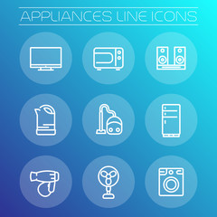 Sticker - Appliances line icons, household consumer electronics, fridge, microwave oven, vacuum cleaner, kettle, tv, fan, hairdryer, acoustics, washing machine, vector illustration