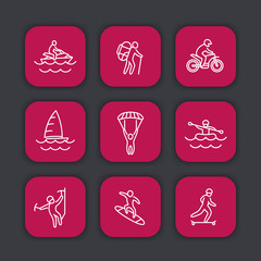 Canvas Print - extreme outdoor activities line icons set, rafting, skydiving, alpinism, skateboarding, sailing, surfing, hiking, vector illustration