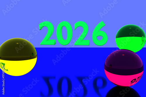 Poster 3D-Rendering von bunten Glaskugeln über spiegelnder Oberfläche und der Jahreszah
