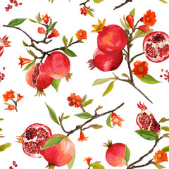 Wall Mural - Seamless Pattern. Pomegranate Tropical Background. Floral Pattern