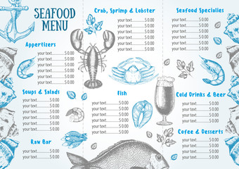 Vintage seafood menu design.Vector illustration document template