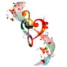 Colorful G-clef Heart With Music Notes And Butterflies