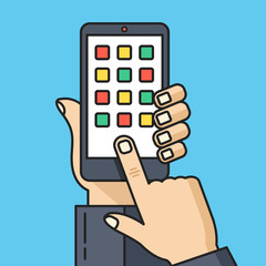 Poster - Hand holding smartphone with app icons. Thin line flat design. Vector illustration