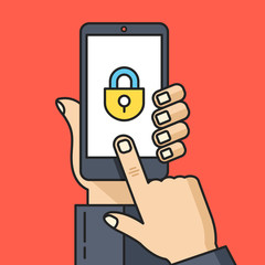 Poster - Hand holding smartphone with lock icon. Unlock screen, privacy, phone protection, password concepts. Thin line flat design. Vector illustration