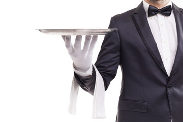 Butler holding a silver tray, isolate on white background