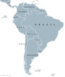 South America countries political map with national borders. Continent surrounded by Pacific and Atlantic Ocean. English labeling. Illustration.