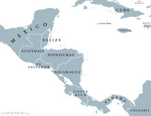 Central America Countries Political Map With National Borders, From Mexico To Colombia, Connecting North And South America, Caribbean Sea To The East And Pacific Ocean To The West. English Labeling.