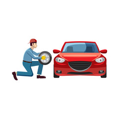 Mechanic changing wheel on red car icon in cartoon style on a white background