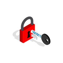 Poster - Red padlock and key icon in isometric 3d style on a white background