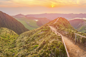 Wall Mural - mountain landscape with hiking trail and view of beautiful lakes, ponta delgada, sao miguel island, 