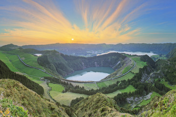 Wall Mural - Mountain landscape with hiking trail and view of beautiful lakes, Ponta Delgada, Sao Miguel Island, Azores, Portugal