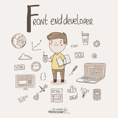 Cute vector alphabet Profession. Letter F - Front end developer