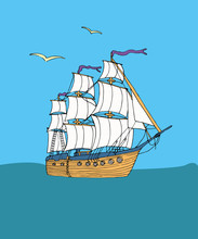 Ship With White Sails And Red Flag.