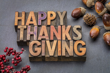 Wall Mural - happy thanksgiving in wood type