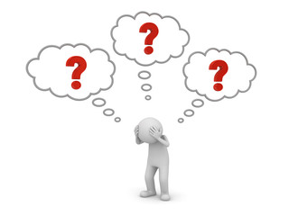 Poster - 3d man standing and thinking with red question marks in thought bubbles above his head concept isolated over white background 3D rendering