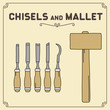 Vector set of isolated chisels and mallet. Icon chisel. Collection woodworking tools.