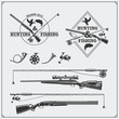 Vector elements for vintage hunting and fishing club. Labels, emblems and design elements. Guns, rods and hunting horns.