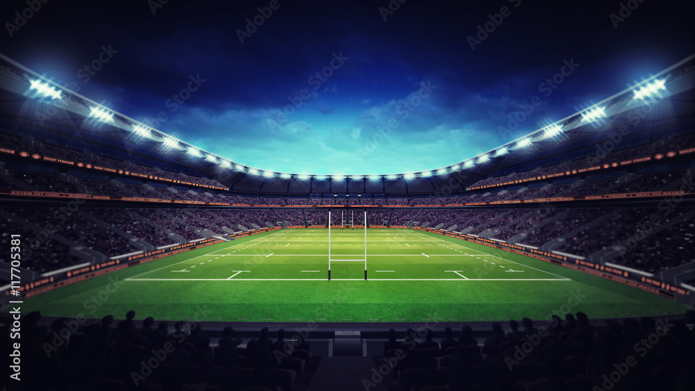 illuminated rugby stadium with spectators and green grass - obrazy, fototapety, plakaty 
