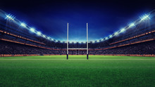 Huge Rugby Stadium With Fans And Green Grass
