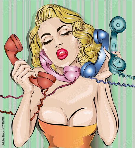 Naklejka - mata magnetyczna na lodówkę Sexy Pin-up woman with phone answer the calls