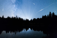 Falling Stars Lake Pine Trees Silhouette Milky Way
