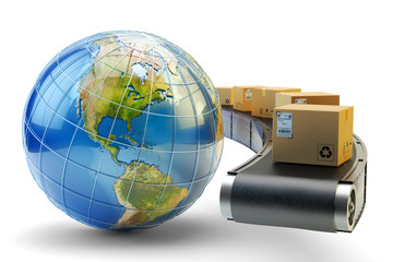 International package delivery and parcels shipping concept, global purchases transportation business, cardboard boxes on conveyor belt and Earth globe isolated on white background