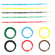 Set of colorful pencil strokes with colorful grunge circles.