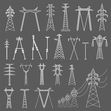 High Voltage Electric Line Pylon. Icon Set Suitable For Creating