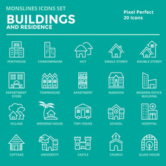 Icons set of Buildings and Residence. Pixel Perfect Icons. Simple mono linear pictogram pack stroke vector logo concept for web graphics.