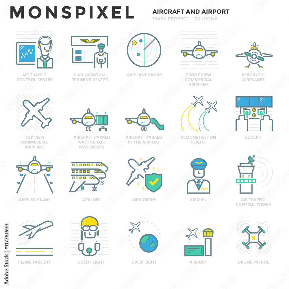 Flat line Icons set of Aircraft and Airport. Pixel Perfect Icons ...